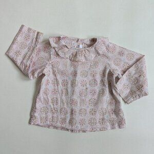 Jacadi Paris Liberty Baby Cotton Blouse 12 Months Pink Ruffle Neck Long Sleeves